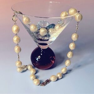 Vintage Givenchy New York Paris Necklace Faux Pearl Bezel Set Crystal Gold Tone